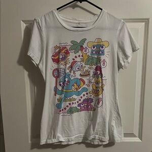 Graphic White T-Shirt with Colorful Cartoon Design
